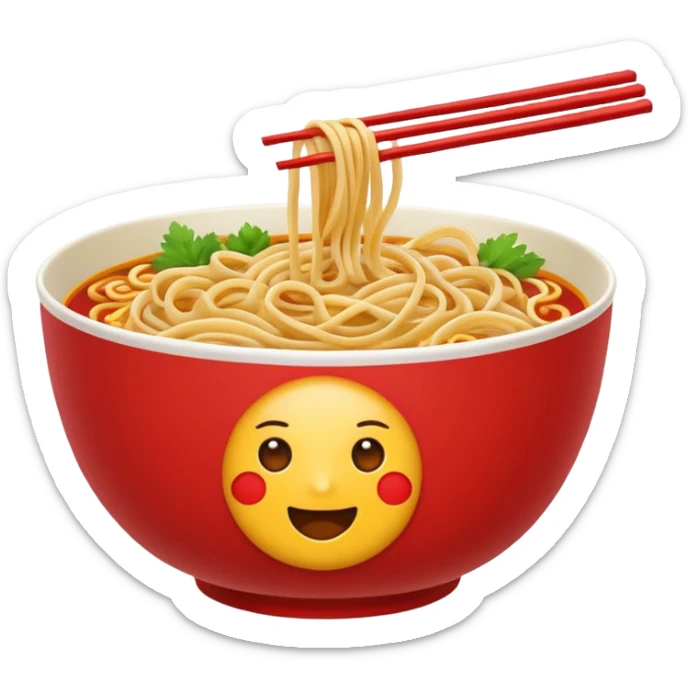 Chinese cuisine humanless avatar in bright emoji-style illustration. Noodles bowl, red and gold colors, simple shapes, flat design, bold and energetic. sticker