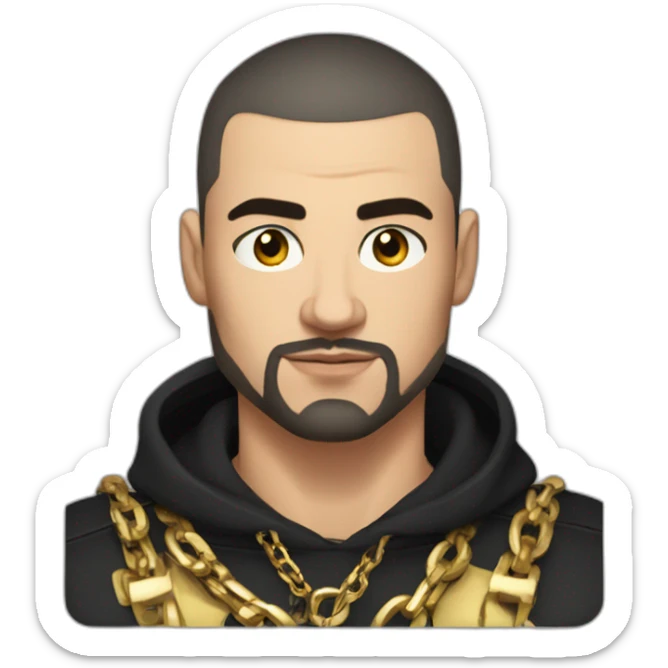 Russian muscular thug man aged 26 wearing gold chain with black hair buzz cut and short beard sticker