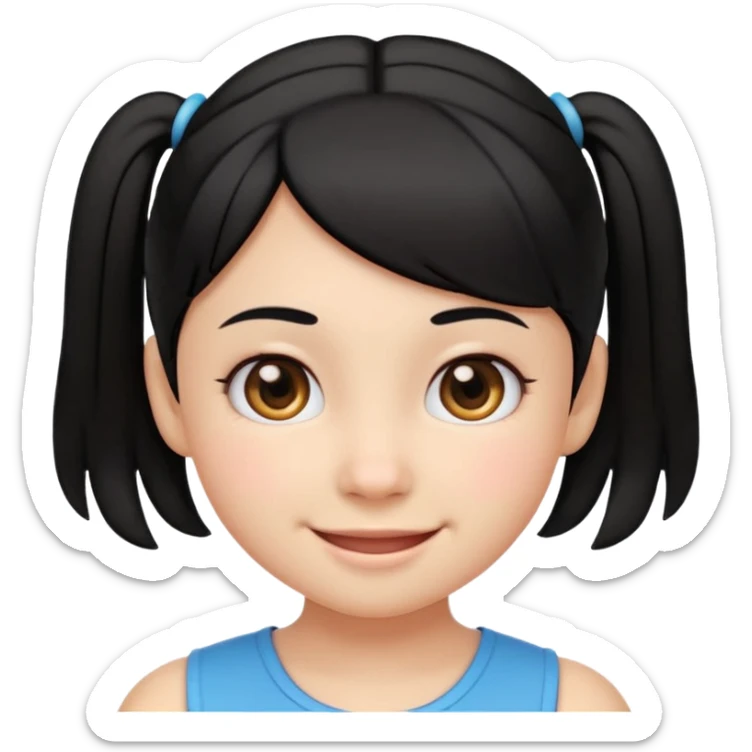 smiling girl in emoji style, black hair parted in the middle with two small side pigtails, round eyes, cheerful expression, soft cartoon face, head and upper shoulders, clean lines, minimal white background, vibrant and simple sticker