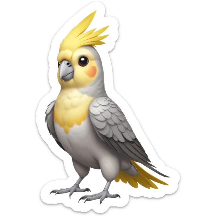 cinematic-[cockatiel]-realistic-full-body-perched-emoji,-wings-tucked-neatly,-head-tilted-dramatically,-sleek-[yellow and grey]-feathers,-simplified-yet-realistic-focused-features,-highly-detailed,-glowing-with-an-almost-sarcastic-glow sticker