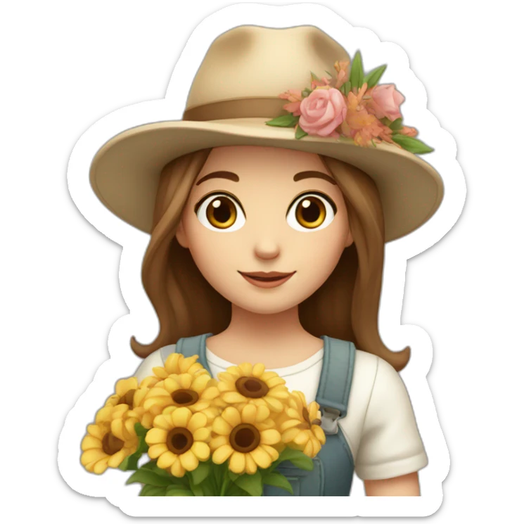 white skin, Girl with a hat, brown hair straight to the shoulders, holding a bouquet of flowers sticker