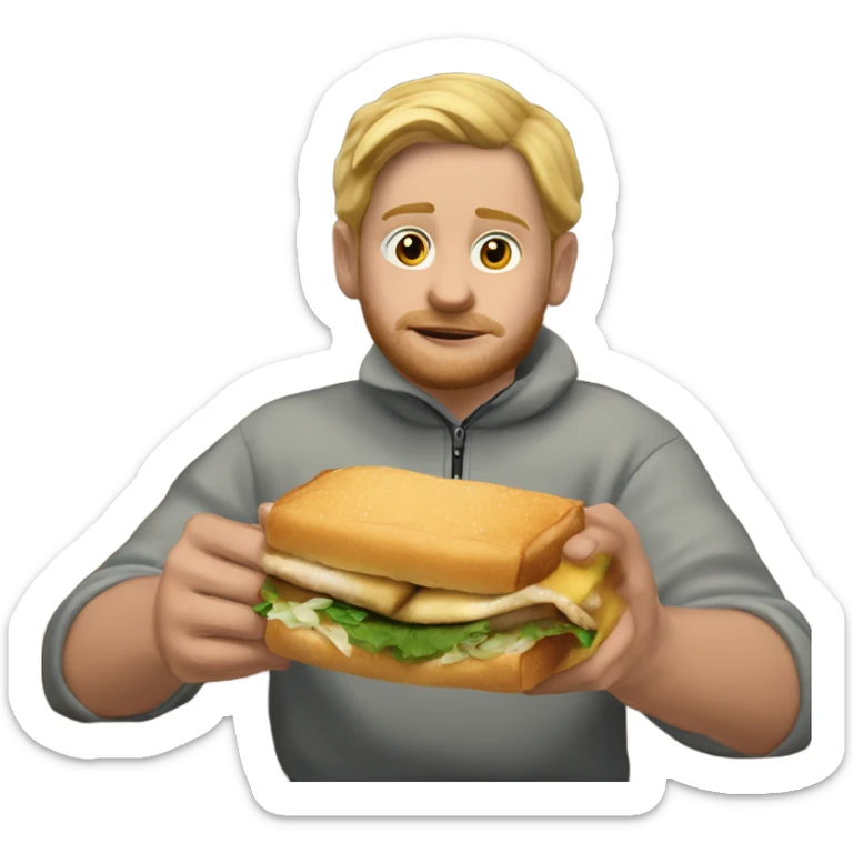 White person wearing a Patagonia quarter zip sweater eating a walleye sandwich at a bar sticker