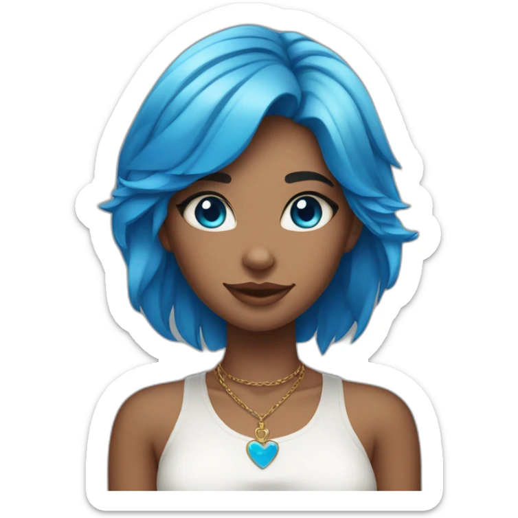 Tan skinned girl with blue hair, cat ears, white top, blue necklace and blue eyes sticker