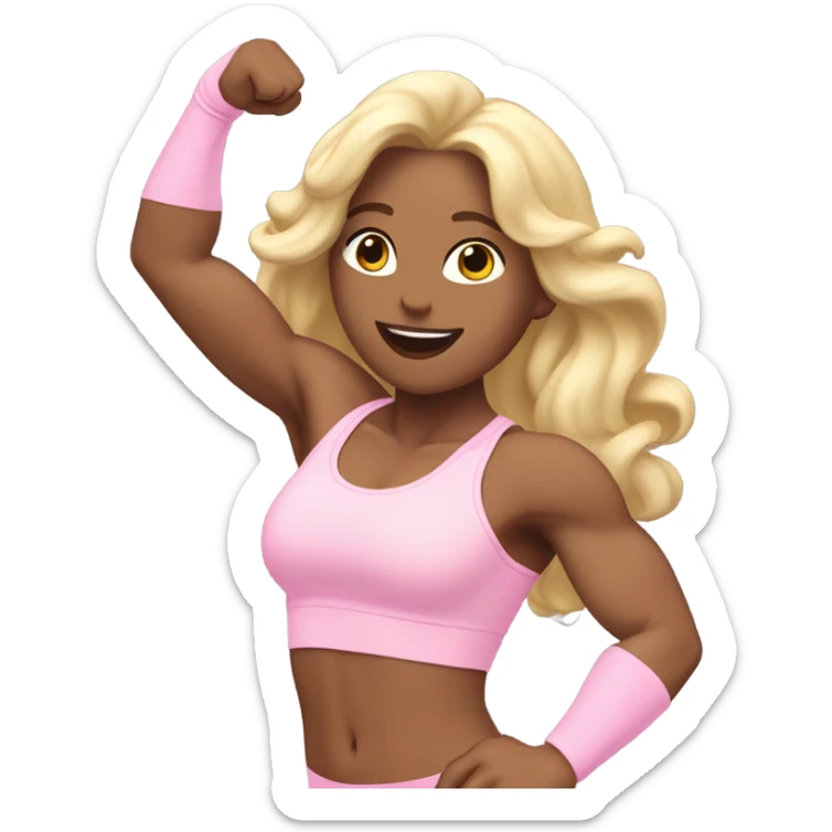 Woman, white skin, pale skin, long hair, blonde hair, wavy hair, baby pink sports bra, baby pink leggings, flexing one arm up sticker