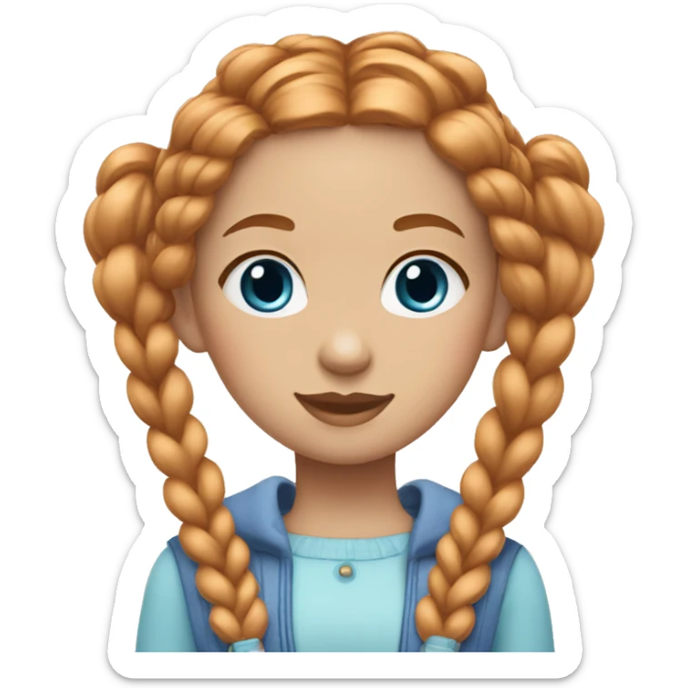 girl with reddish-blonde hair, blue eyes, and thick twin braids, wearing a cute outfit with pastel colors sticker