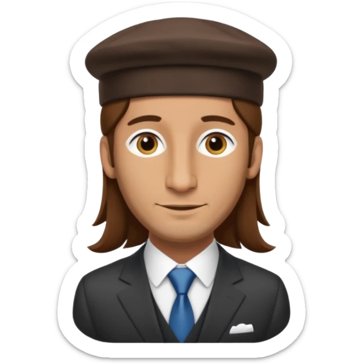 Man with a long nose wearing a suit and kippah, he has long brown hair with a payot sticker
