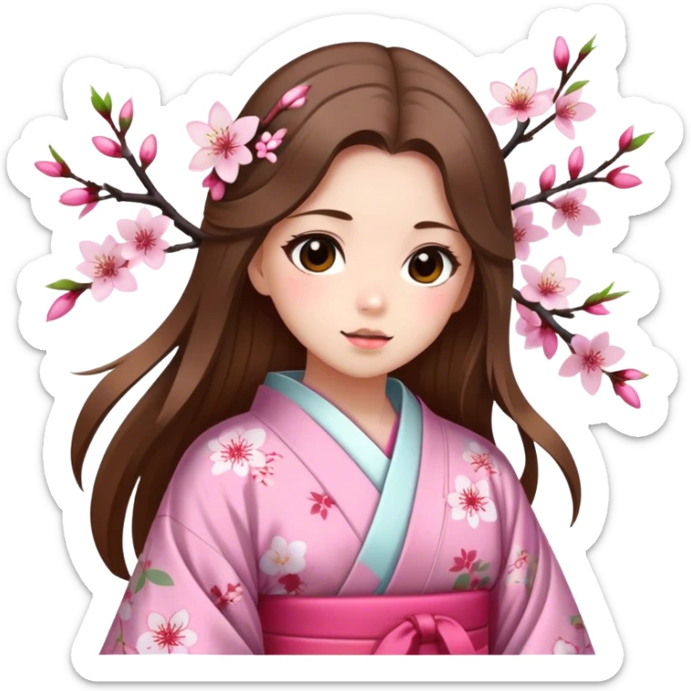 Girl with long brown hair wearing a kimono with cherry blossom patterns sticker
