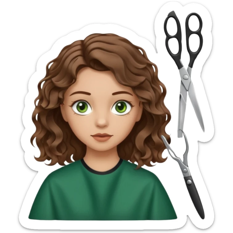 Girl with green eyes and brown wavy hair getting haircut with scissors sticker
