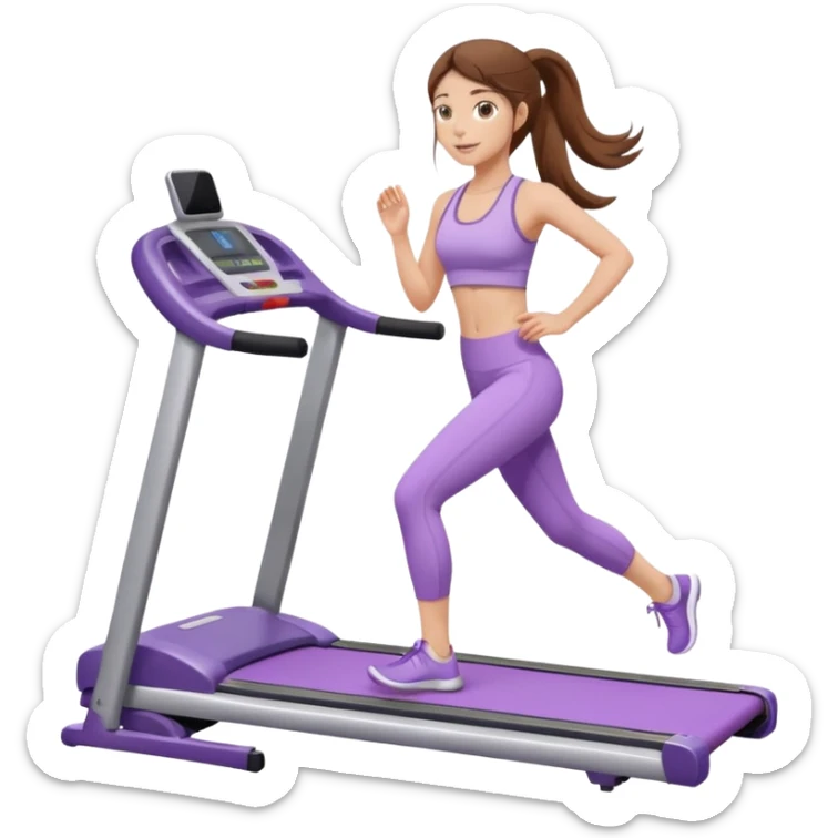 girl with long brown hair on treadmill wearing light purple yoga set sticker