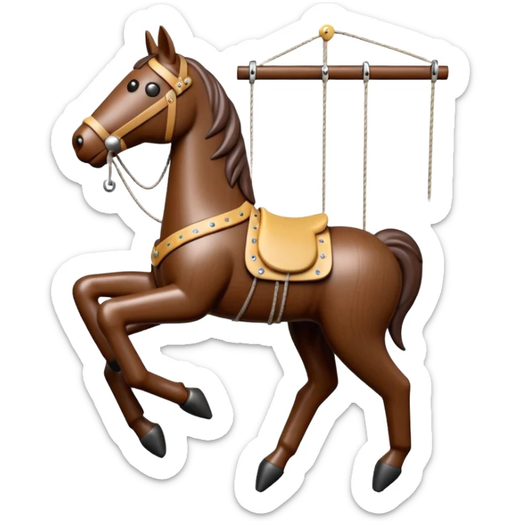 3D render of Horse Puppet as a wooden marionette puppet, Wooden toy horse on strings, silver metal screw joints at elbows and knees, polished brown wood texture, rigid toy pose, emoji style, isolated on white background --v 6.0. sticker
