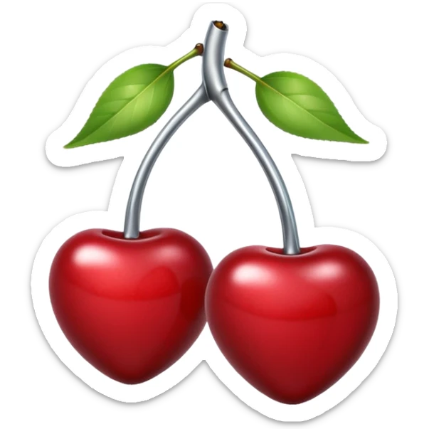 A pair of cherries emoji made of polished silver chrome, smooth rounded shapes, glossy metallic finish, soft highlights and reflections, cute proportions, iOS emoji style, centered, clean white background, no text sticker