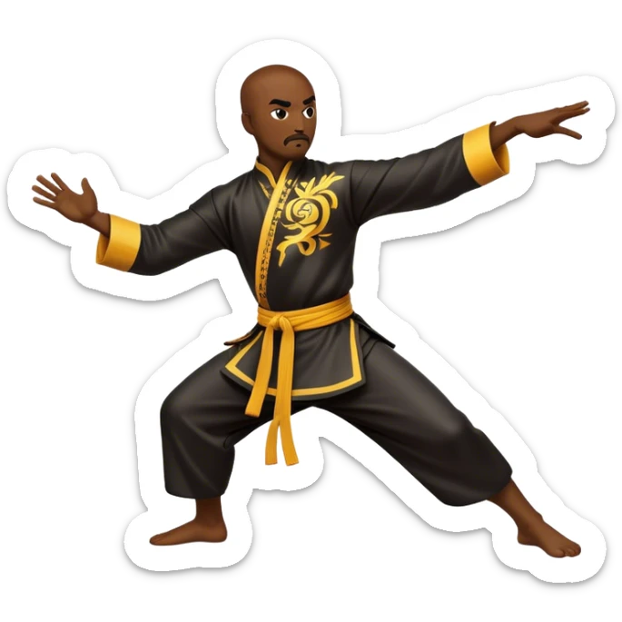 Cinematic Realistic Kung Fu Action Emoji, depicted as an epic martial arts scene with a master executing a precise move in traditional attire, rendered with fluid motion and vibrant textures under dramatic high-contrast lighting. sticker