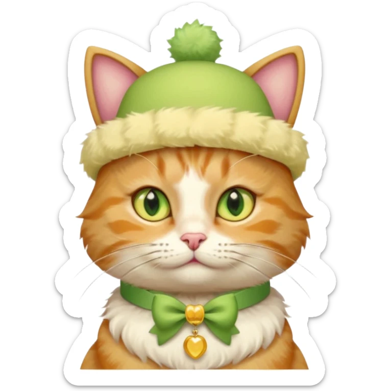 cat wearing a creamy cake hat with fun necklace around his neck and a yellow bow in the middle sticker