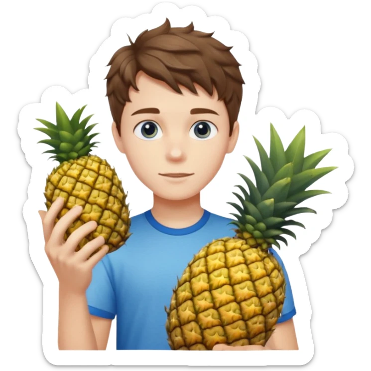 Pale teenage man with short wavy brown hair holding pineapple, prominent jawline, blue eyes sticker