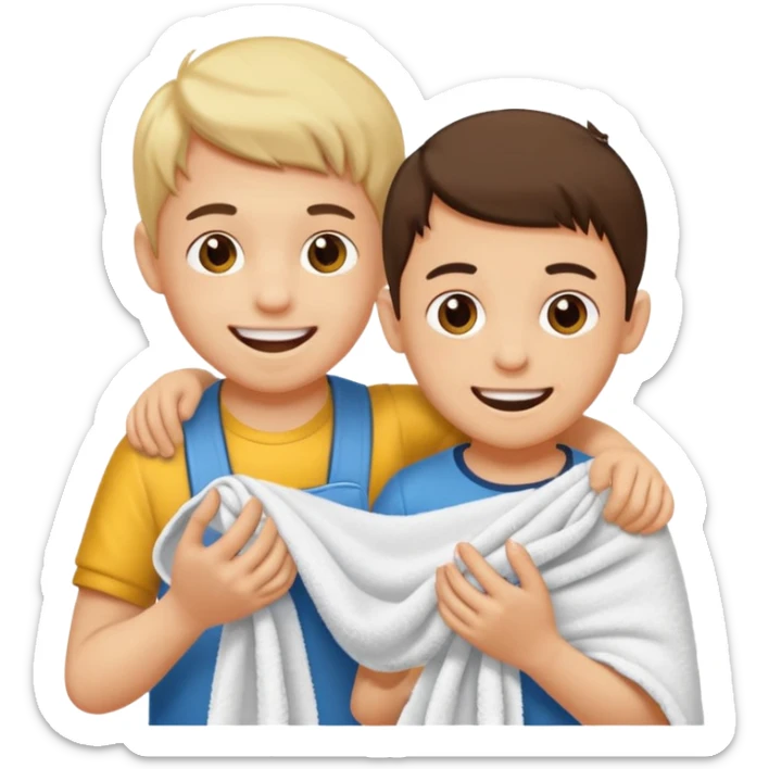 un niño pequeño y un hombre jugando al juego de tirar la soga, en vez de soga una toalla blanca sticker