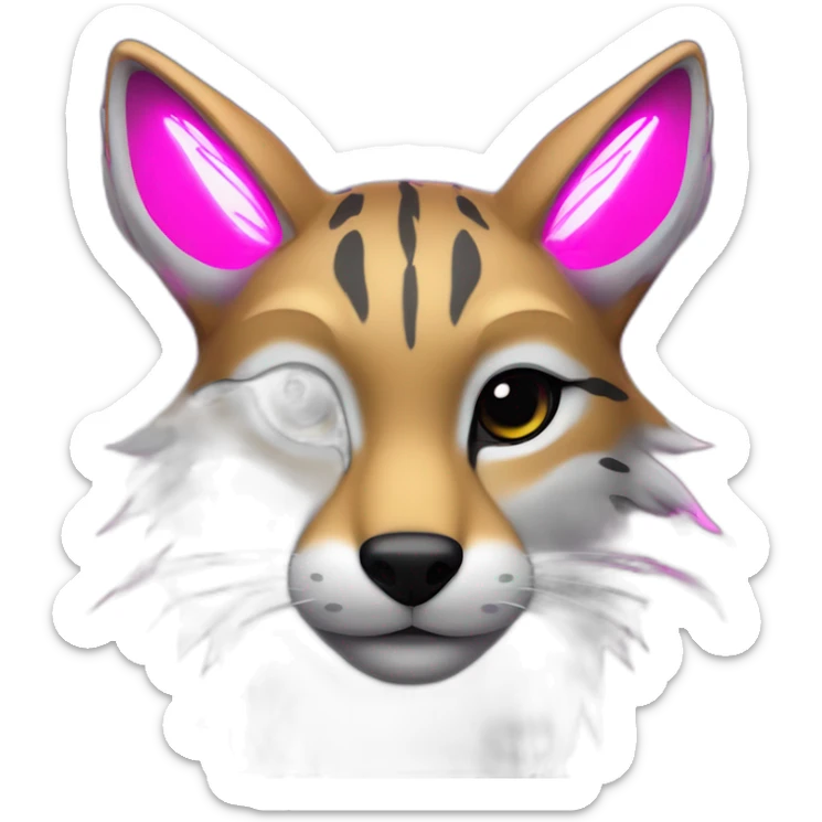 Coyote ocelot with grey and black fur and phoenix wings and pink ears, neon lights sticker