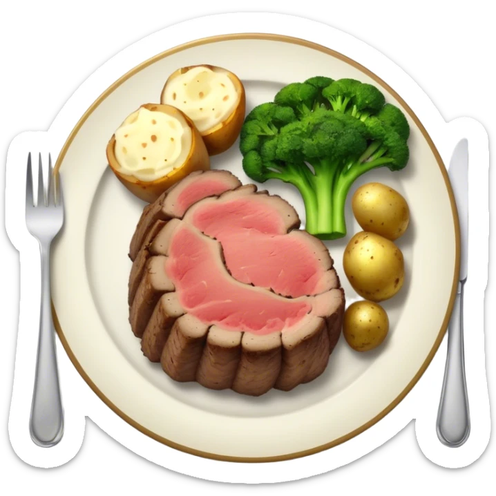 Plate of prime rib baked potato broccoli and parsnip sticker