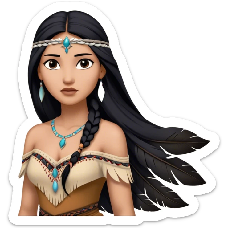 Cinematic Realistic Pocahontas Portrait, depicted with lifelike skin texture, soft natural lighting, and intricately detailed long, flowing raven-black hair that moves gracefully in the wind. Her deep, soulful dark brown eyes exude wisdom and strength, complemented by a serene yet powerful expression. She is dressed in her classic one-shoulder native american dress, with rich fabric textures and delicate beaded details that catch the light beautifully. The portrait features a soft, sun-kissed glow with a natural, radiant finish, capturing the essence of untamed beauty and deep connection to nature in a realistic and painterly style, evoking a sense of depth and authenticity. sticker