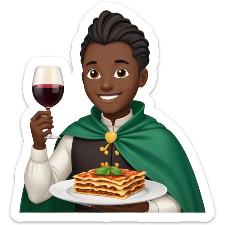  High fade widows peak ponytail dreadlock male black hair dark skin smiling and nigerian cape eating lasagna and wine  sticker