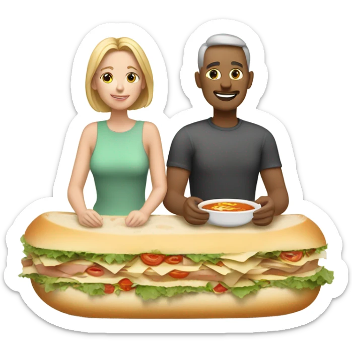 White couple sitting on top of big sandwich. They are eating soup sitting on t sticker