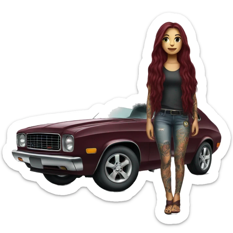 Beautiful tattooed burgundy long haired woman standing next to a car sticker