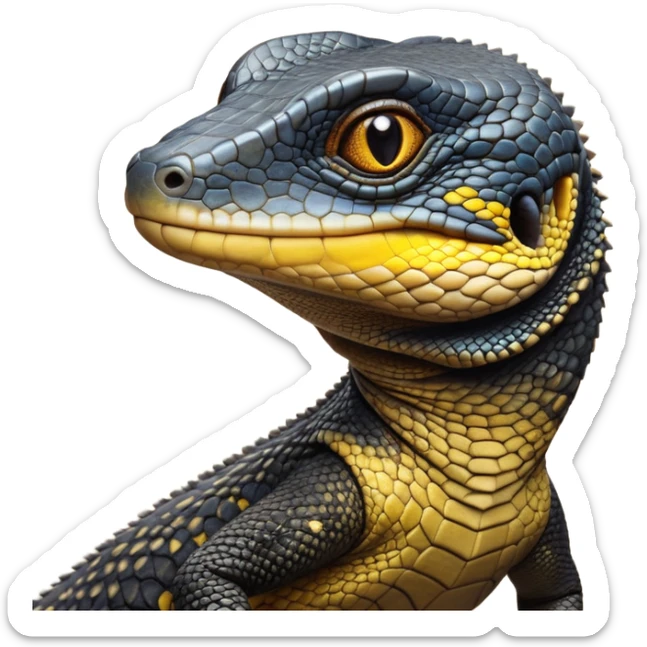 cinematic-realistic-cute-monitor-lizard-portrait-emoji,-head-tilted-playfully-and-inquisitively,-featuring-a-compact,-agile-body-with-finely-detailed,-glossy-scales-in-earthy-black and yellow-hues-and-a-distinct,-alert-face-with-bright,-curious-eyes, black , yellow spotted and green band  scales and a big long neck sticker
