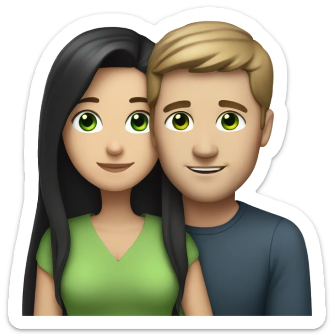 White man with blue eyes and BROWN hair hugging white woman with long straight black hair and green eyes sticker