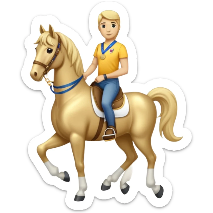 anthropomorphised horse in jeans and a t-shirt, wearing a gold medal sticker