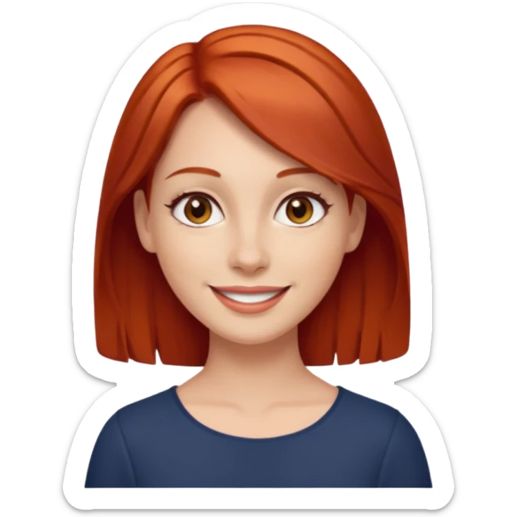 Mulher com cabelo liso mediano cor ruivo, olhos castanhos branca sorrindo sticker