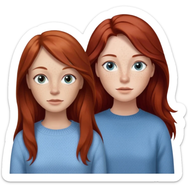 woman with long dark auburn red hair that is mostly straight but has slight waves to it. grey blue eyes. some freckles. wearing a Swedish style sweater that is neutral. the image on the right is closer sticker