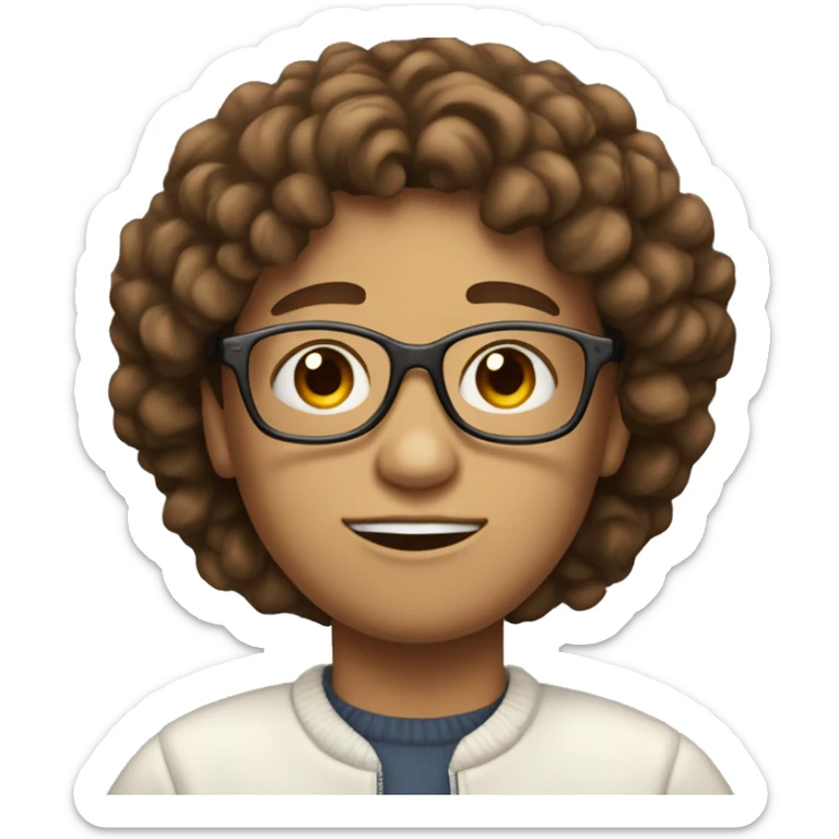 physisist with short curly brown hair white skin glasses and a sweter sticker