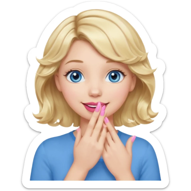 Girl Blonde short wavy hair,  blue eyes, cute blue top, long lashes, pink lips, smiling, hand covering the mouth sticker