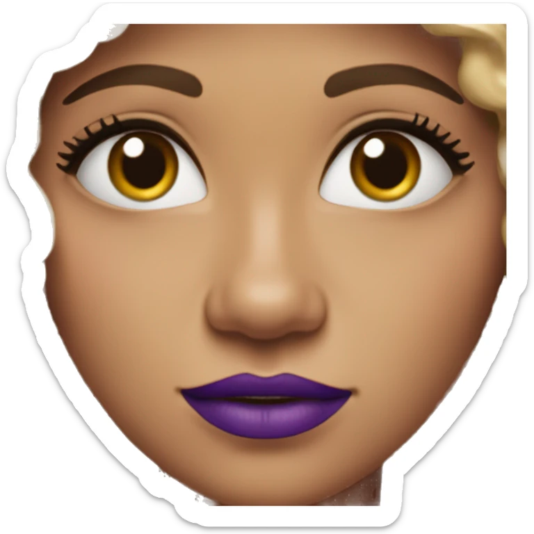 Woman with fair but warm skin with short curly hair, neck length, that has volume. She has light brown eyes and is wearing purple lipstick and long purple earrings!! She looks whimsical sticker