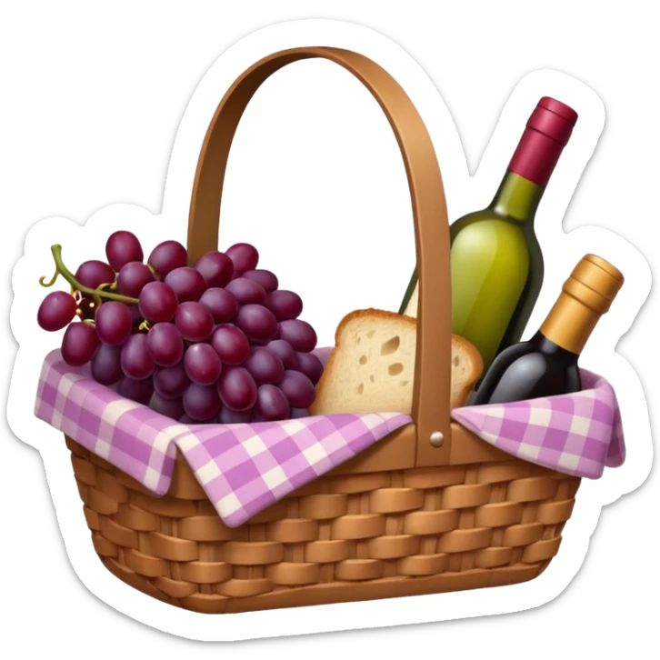 Food Basket, Pink basket, plaid lining, with both food, drink and fruits sticker