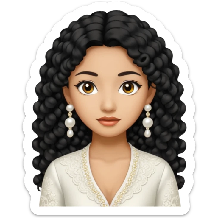 tan skin women, with black long Curly hair, wear white kebaya , and little pearl earring sticker