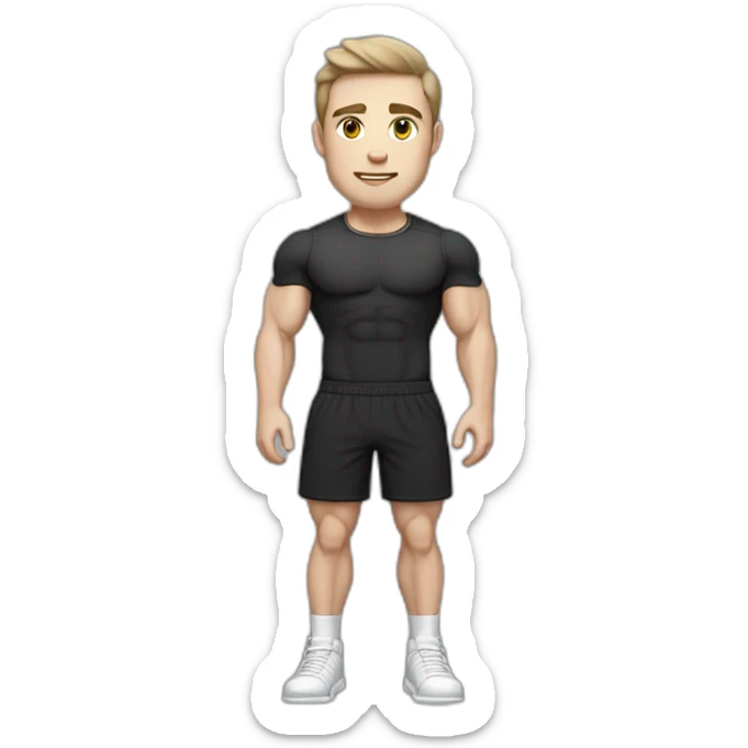Pale skinned Fit Man With the biceps and dark brown hair in black shirt, gray sports shorts and white Sneakers sticker