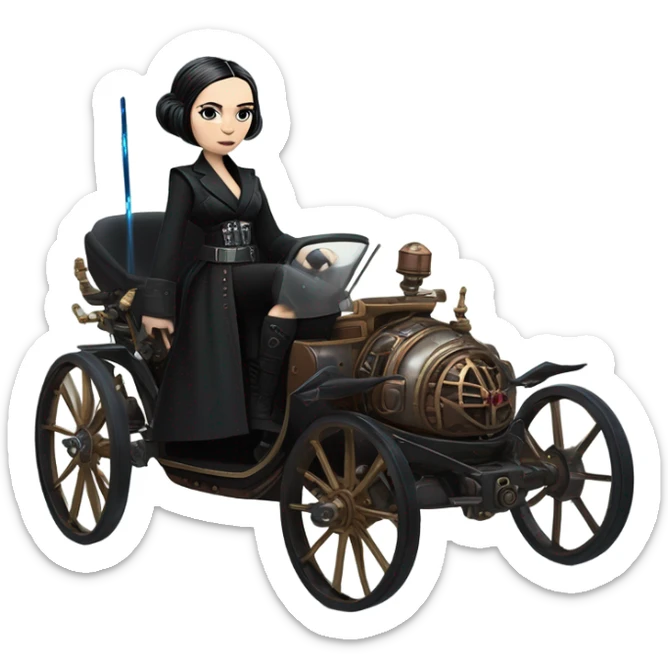 Wednesday Addams Jedi bounty hunter driving a modern blue,red and pewter steampunk electric luxury carriage  sticker