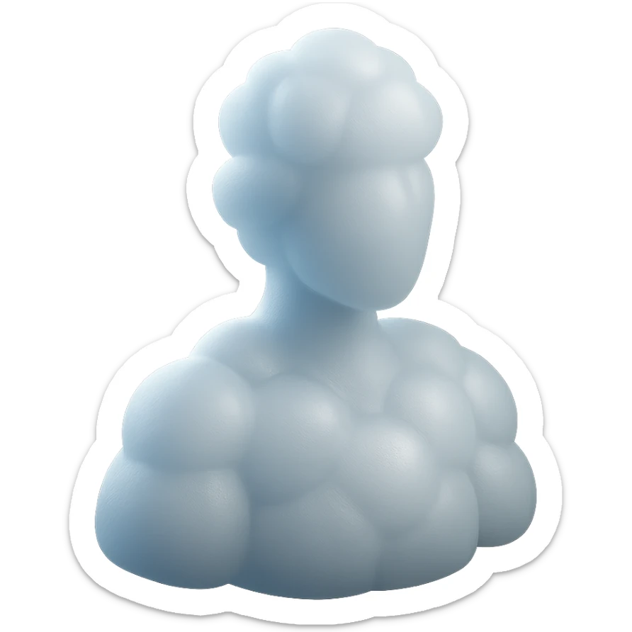 shoulder-up person fully made of white fluffy convex clouds, matte glass style sticker