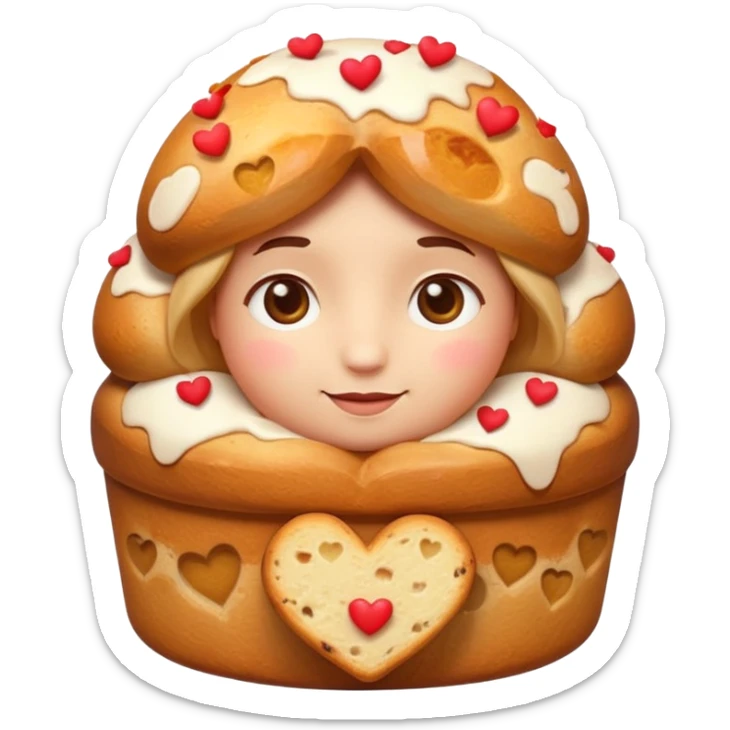 Apple-style emoji illustration of a cute face with dreamy eyes hugging a traditional panettone, small hearts floating around, soft 3D emoji style, smooth gradients, rounded shapes, warm festive colors, simple expression, centered composition, transparent background, no text. sticker