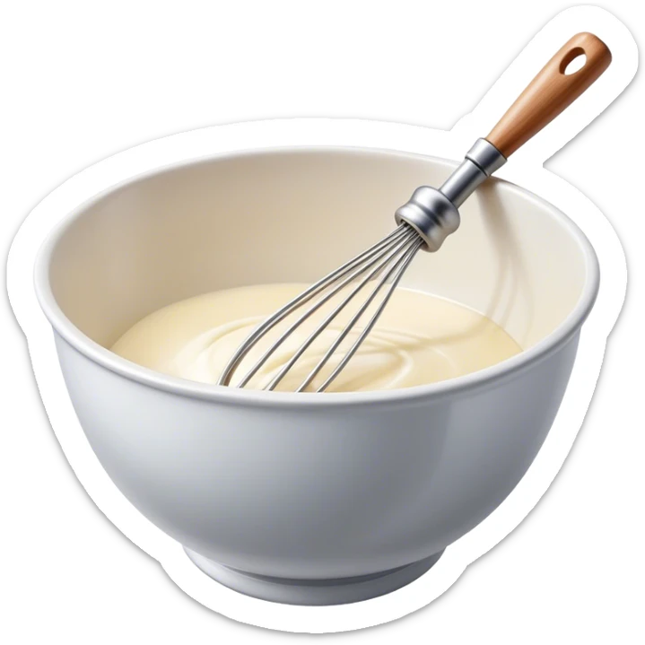 Cinematic Realistic Whisk & Mixing Bowl, a well-used metal whisk resting in a smooth ceramic mixing bowl, light reflecting off the whisk’s polished surface, subtle smears of batter along the rim, glowing with a sense of warmth and creativity. sticker