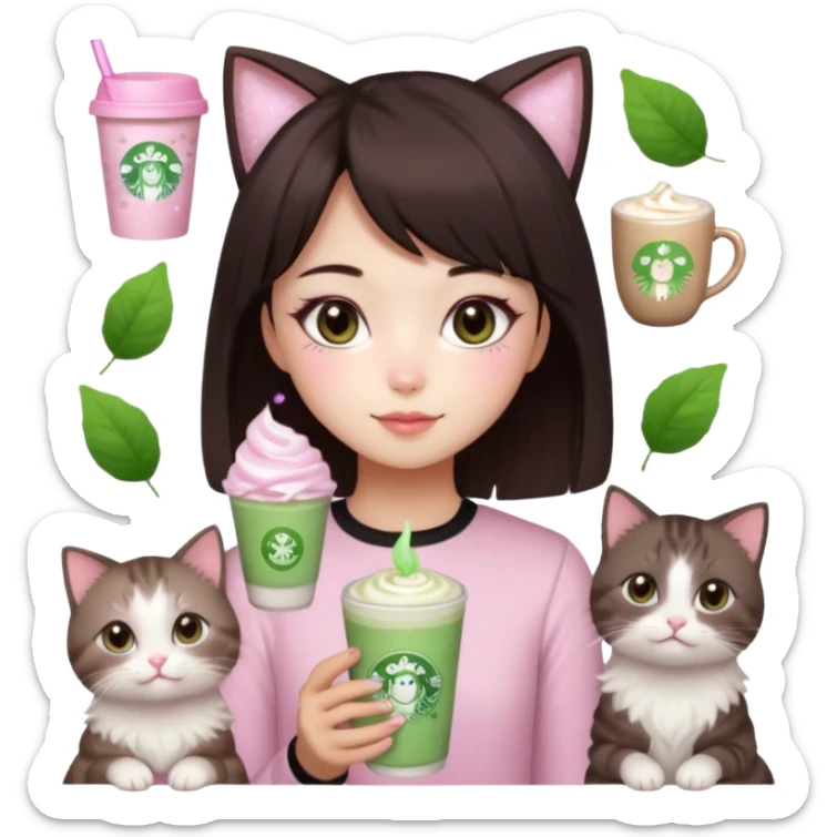 asian girl with short dark brown hair and dark brown eyes with a soft girl pink glowup aesthetic, matcha latte, 2 light brownragdoll cats, and sparkles, makeup, and money sticker