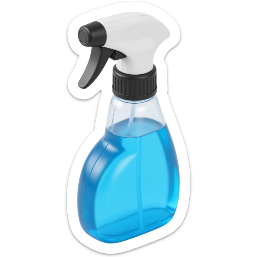 skeuomorphic 3D window cleaning spray bottle, realistic highlights, ergonomic shape, blue cleaning fluid sticker