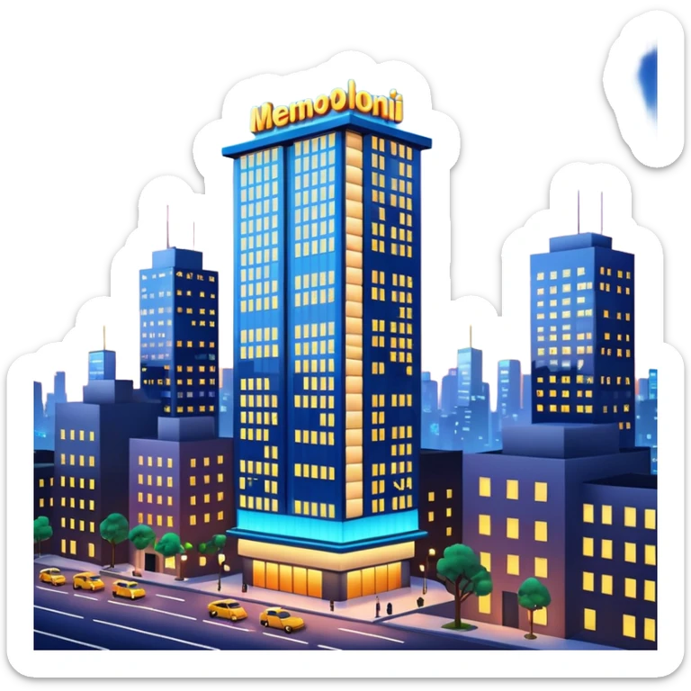 A 3D cartoon city billboard mounted on a tall building, glowing lights at dusk, realistic reflections, Memoji-style. sticker