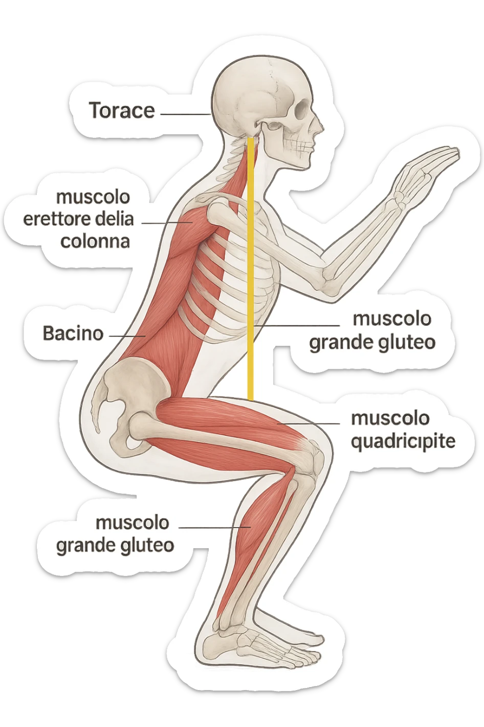 side view of a human figure performing a squat, with transparent overlays showing the skeletal structure. A straight line or highlighted axis connects the pelvis (bacino) and the ribcage (torace), demonstrating correct alignment. Key muscles involved in maintaining posture are labeled. Clean, educational style, white background. sticker