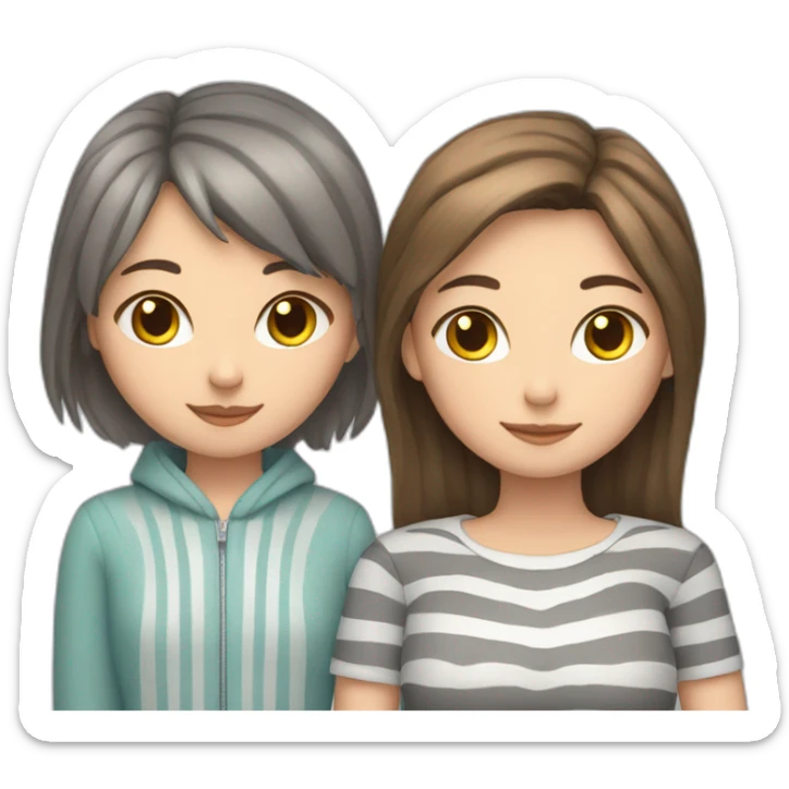 Grey cat with stripes sit near a girl with brown hair sticker