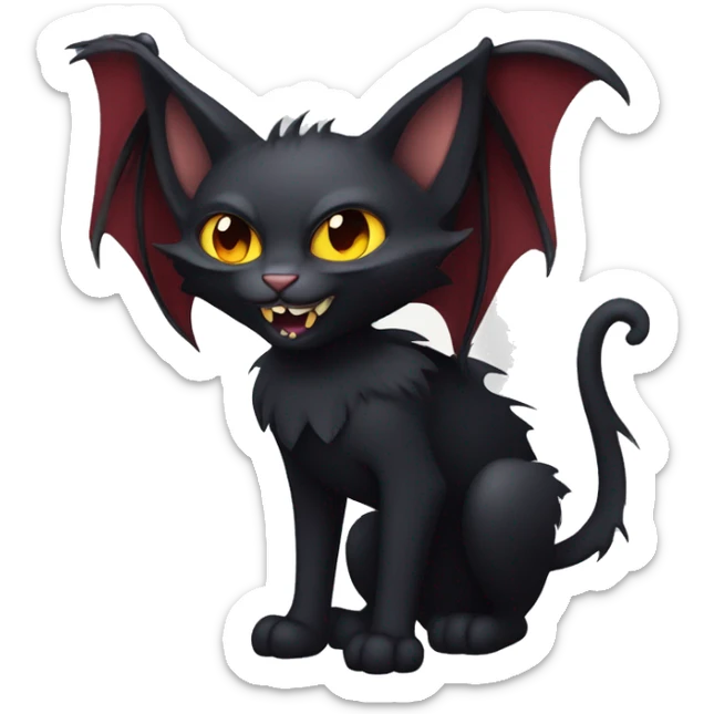 Black vampiric magical Cat-Fakémon with big fangs and bat wings on head and bat wings on back full body sticker