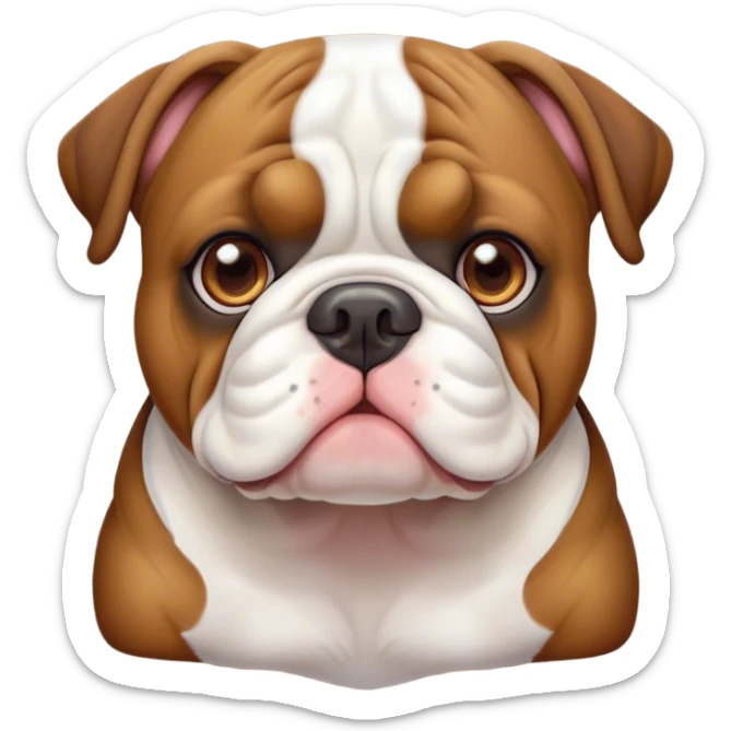 Cinematic Cute Brown and White English Bulldog Portrait Emoji, Head tilted playfully and inquisitively, featuring a glossy brown and white coat with distinct patches, round, sparkling brown eyes filled with curiosity, Simplified yet irresistibly adorable features, highly detailed, glowing with a warm, friendly glow, high shine, affectionate and charming, stylized with a touch of whimsy, bright and endearing, soft glowing outline, capturing the essence of a mischievous yet loving companion, so playful it feels like it could bound out of the screen and into your arms! sticker