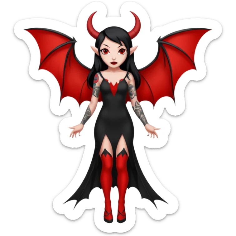 Full red-skin demon girl (entire body red), long black hair, small red horns, pointed ears, single bat wing, black open-back dress, bold tattoo-flash comic linework, red/black/gray, dark background, no text. sticker