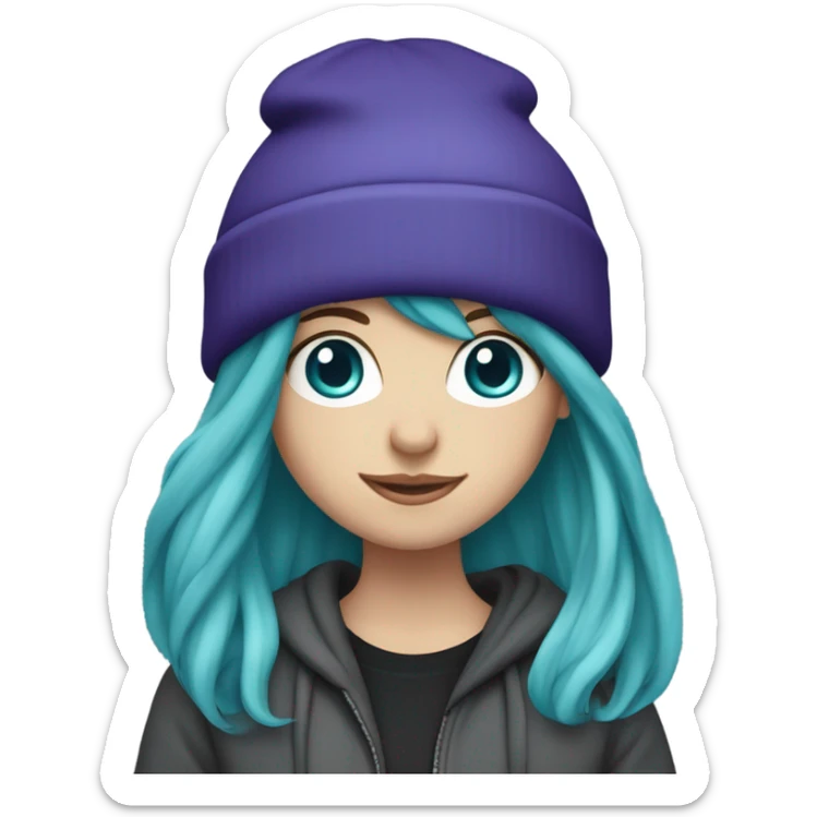 White girl, blue eyes, long teal hair, purple beanie hat, black hoodie, blue jeans, black shoes sticker
