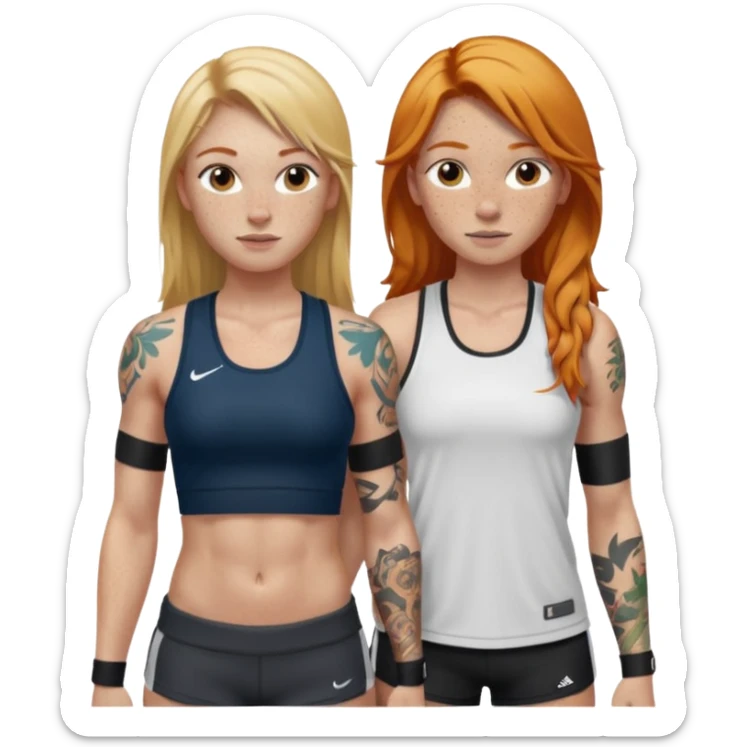 girl with long blonde hair and tattoos next to an athletic masculine ginger girl  sticker